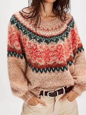 Free People Festive Frost Orange & Cream Size Small Sweater